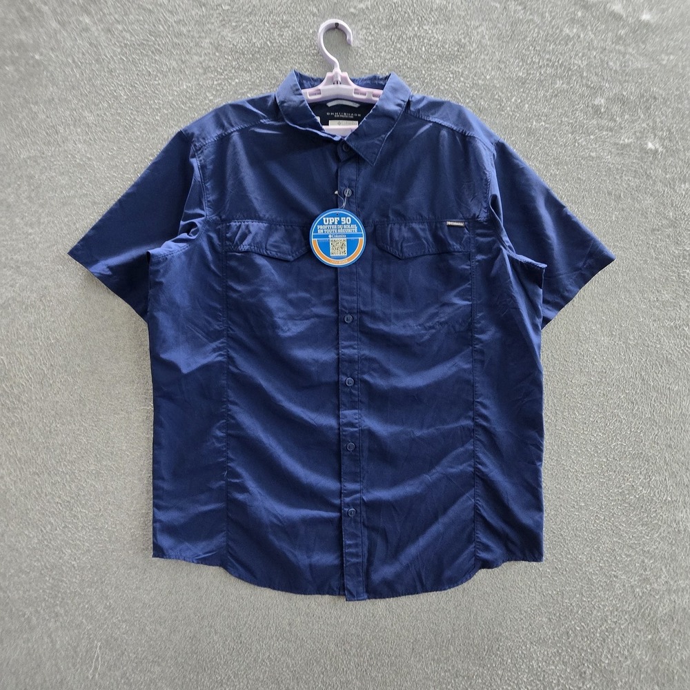 Columbia Men Button Up Shirt XL/TG Blue Nylon OMNI-SHADE Hiking Outdoor Fish NWT